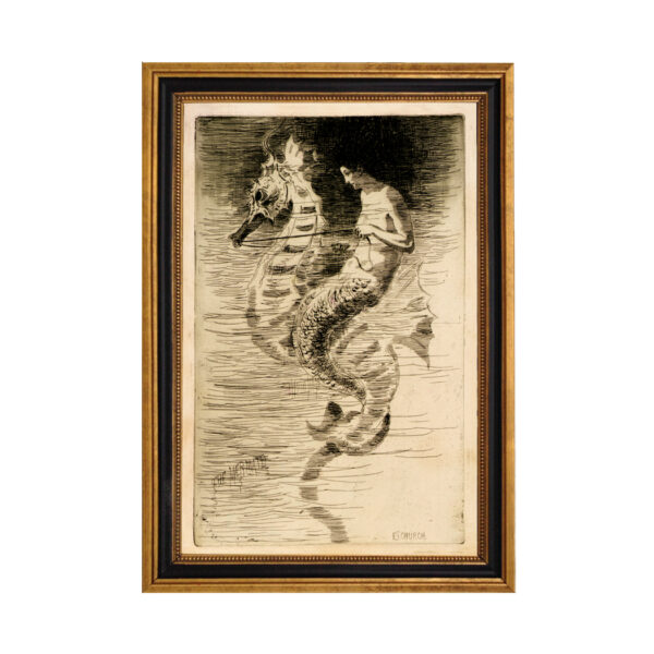 Nautical Nautical Mermaid and Sea Horse Illustration Framed Reproduction Print