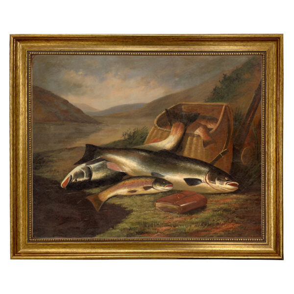 Cabin/Lodge Lodge Atlantic Salmon and Brown Trout Framed Oil Painting Print on Canvas