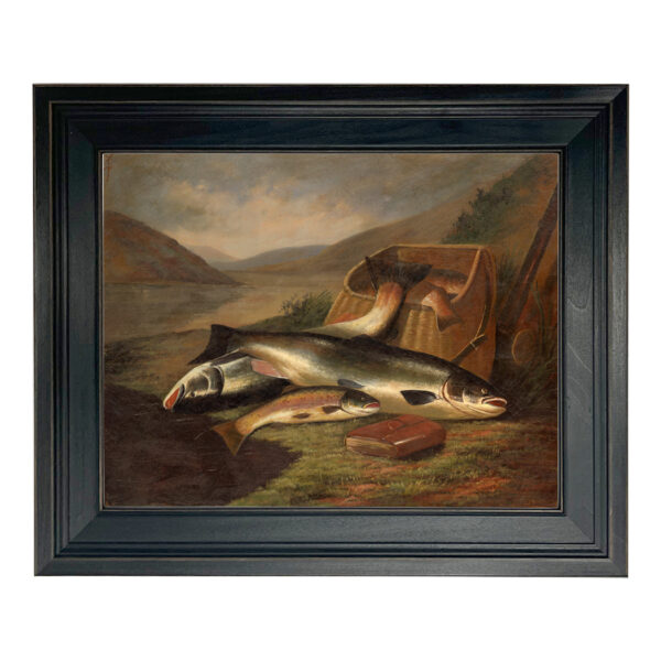 Cabin/Lodge Lodge Atlantic Salmon and Brown Trout Oil Painting Print on Canvas in Distressed Black Wood Frame
