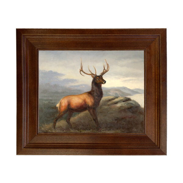 Cabin/Lodge Early American White Tail Stag Framed Oil Painting Print on Canvas in Distressed Brown Wood Frame