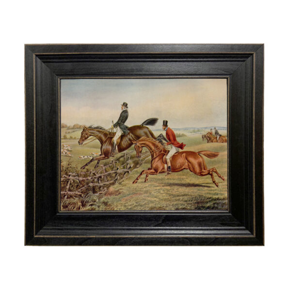 Equestrian/Fox Equestrian Leading the Way Framed Fox Hunt Oil Painting Print on Canvas in Distressed Black Wood Frame