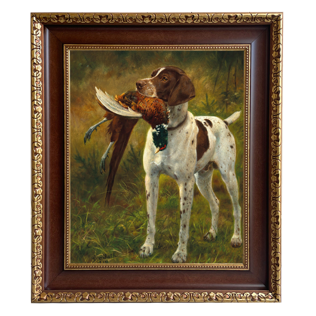 Cabin/Lodge Bird hunting English Pointer with Pheasant Framed Oil Painting Print on Canvas