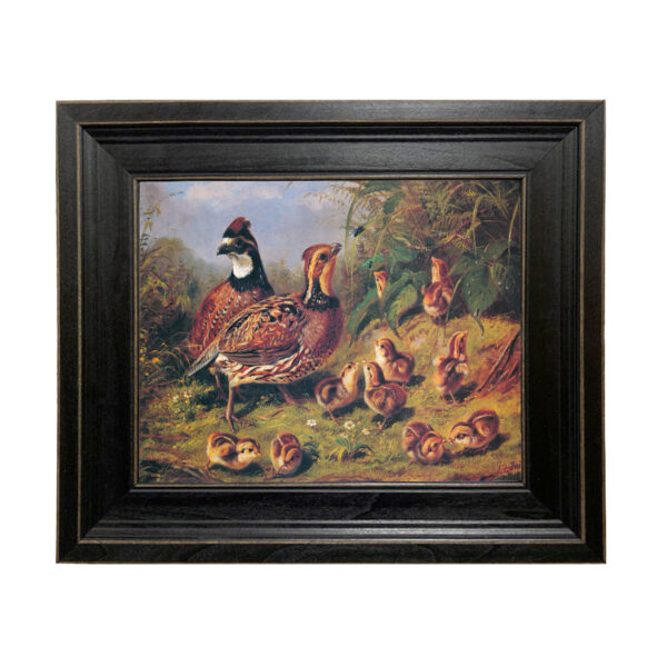 Cabin/Lodge Lodge A Brace of Quail and Young Feeding Framed Oil Painting Print on Canvas in Distressed Black Wood Frame
