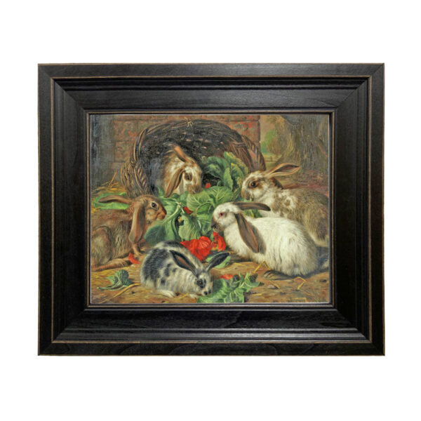 Farm/Pastoral Farm Rabbits Meal Framed Oil Painting Print on Canvas in Distressed Black Wood Frame