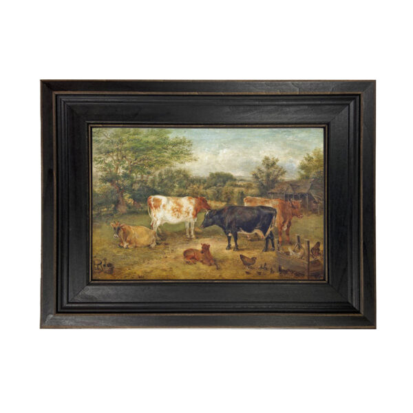 Farm/Pastoral Farm Cows and Chickens In a Meadow Framed Oil Painting Print on Canvas