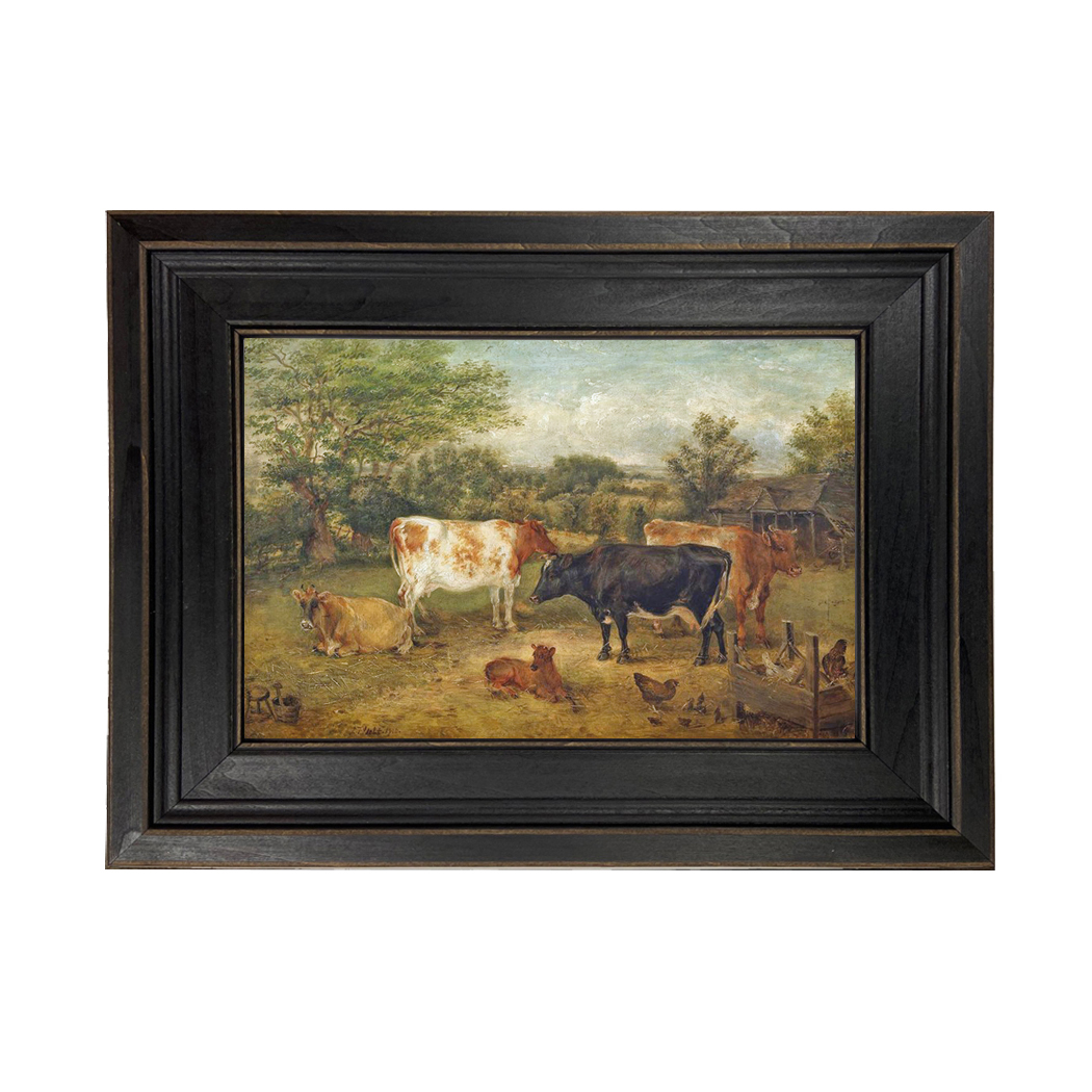 Farm/Pastoral Farm Cows and Chickens In a Meadow Framed O ...