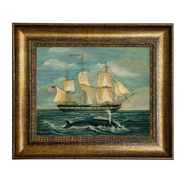 Nautical Nautical American Whaling Ship with Sperm Whale Framed Oil Painting Print on Canvas