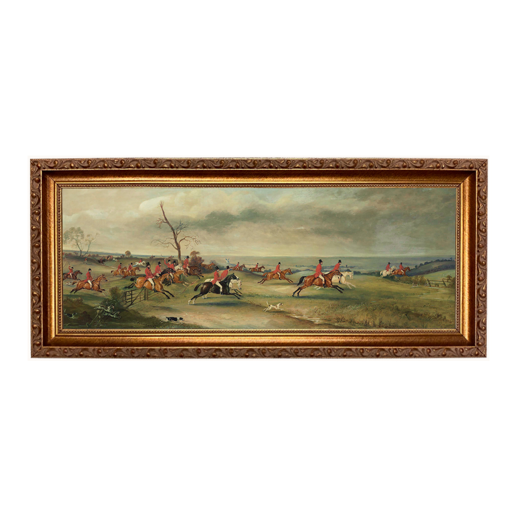 Equestrian/Fox Equestrian Fox Hunt Panoramic Landscape Scene Framed Oil Painting Print on Canvas
