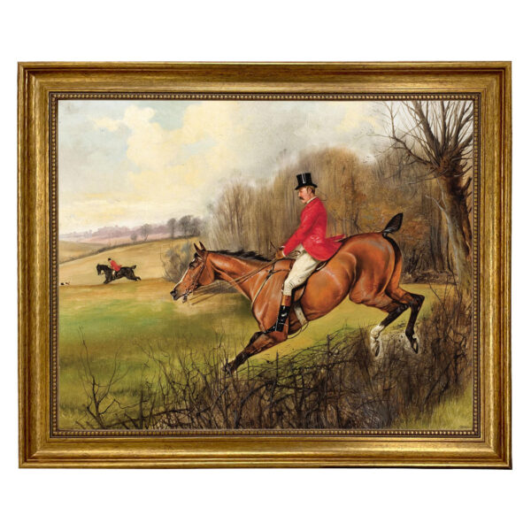 Equestrian/Fox Equestrian Over the Hedge Fox Hunt Scene Framed Oil Painting Print on Canvas