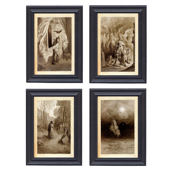 Halloween Halloween The Raven Edgar Allan Poe Framed Illustration Prints- Set of 4