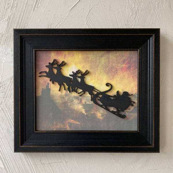 Christmas Christmas Coming to Town, Santa Claus and Reindeer Framed Wood Silhouette