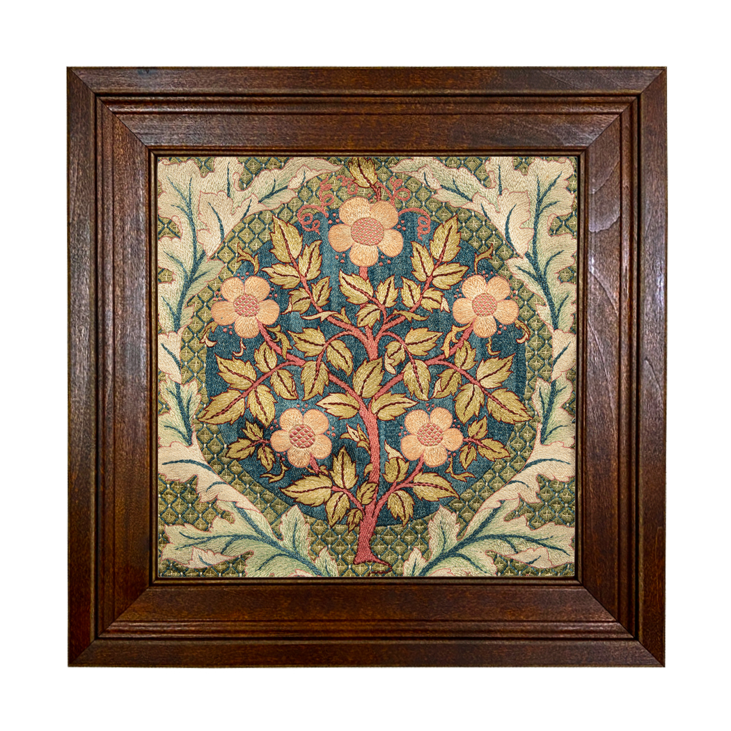 Sampler Prints Botanical/Zoological William Morris Flowering Rose Embroidery 10×10″ Framed Print