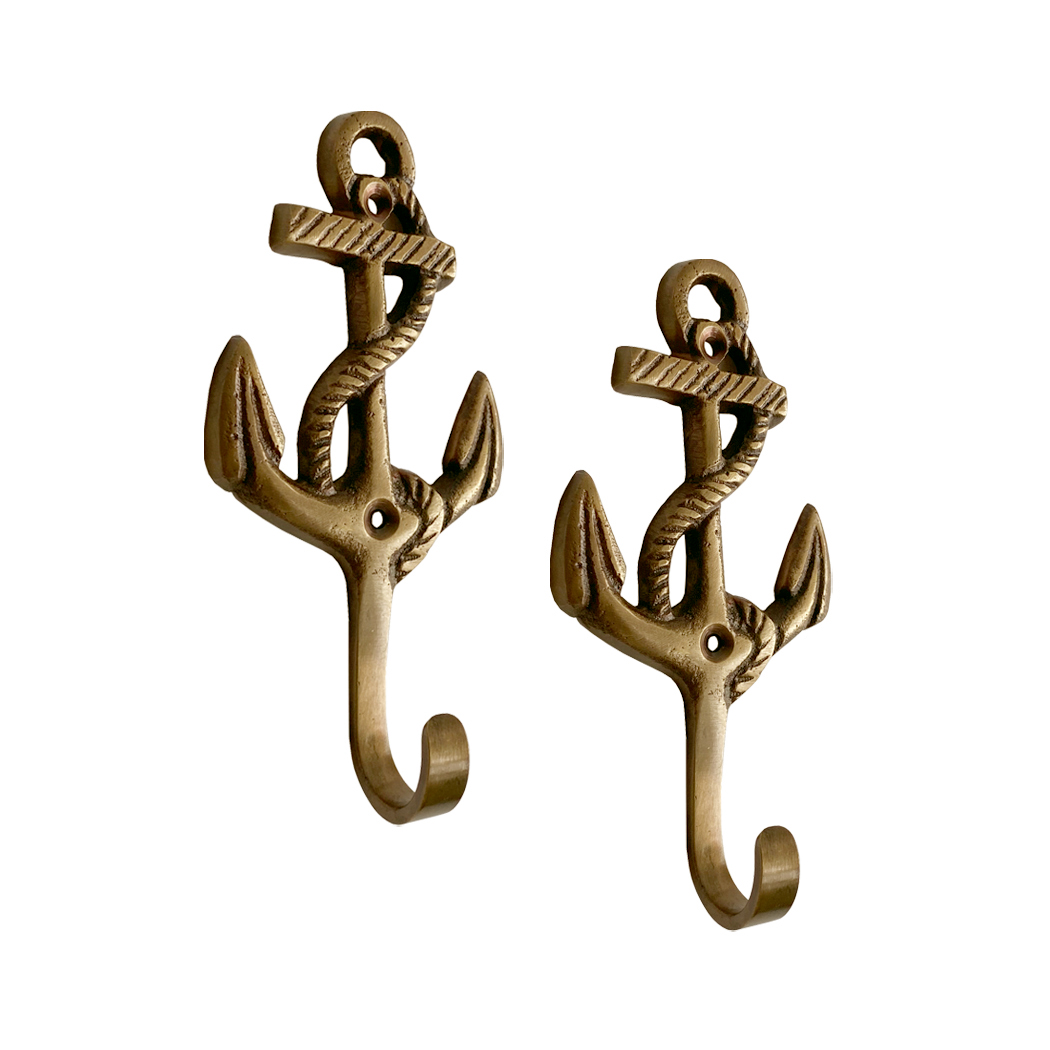 Set of 2 Anchor Hooks, 4-1/4, Antiqued Brass - Schooner Bay Company