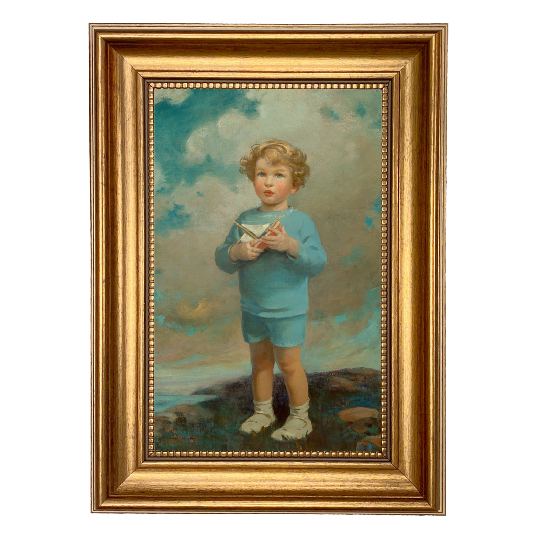 Painting Prints on Canvas Nautical Young Boy with Toy Sailboat Framed Oil ...
