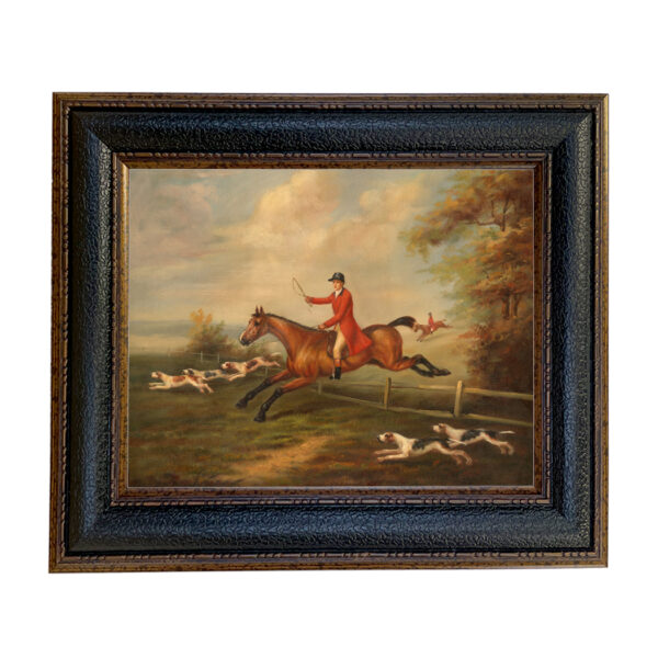 Equestrian/Fox Equestrian Fox Hunting Scene After J.N. Sartorius (c1810) Framed Oil Painting Print on Canvas in Leather-Look Black and Antiqued Gold Frame