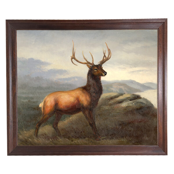Cabin/Lodge Early American White Tail Stag Framed Oil Painting Print on Canvas