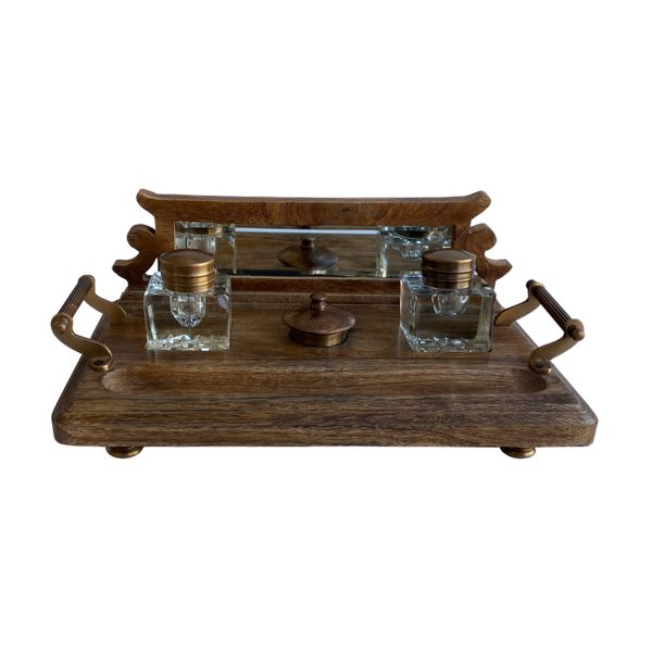 Inkwells Early American Wood and Brass Inkwell Desk Stand with Cut Glass Inkwells and Ink Powder Canister