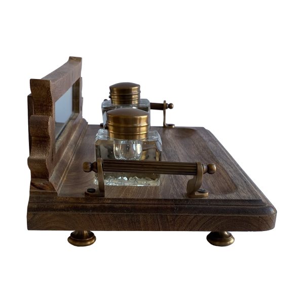 Inkwells Early American Wood and Brass Inkwell Desk Stand with Cut Glass Inkwells and Ink Powder Canister