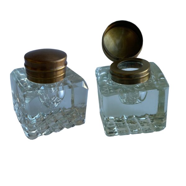 Inkwells Early American Wood and Brass Inkwell Desk Stand with Cut Glass Inkwells and Ink Powder Canister