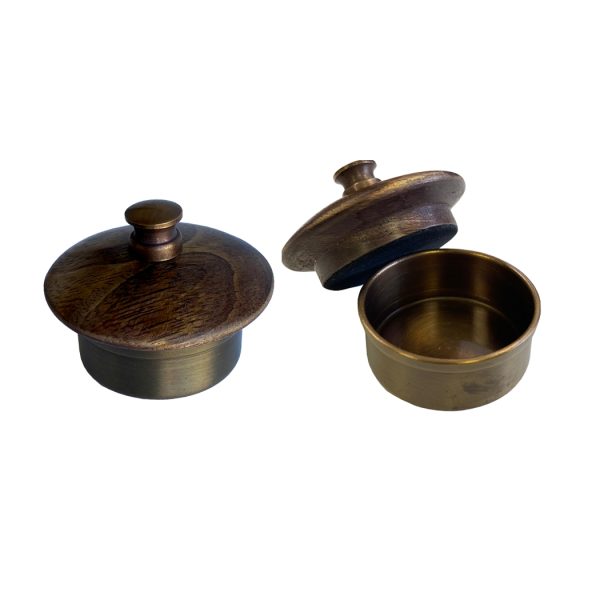 Inkwells Early American Wood and Brass Inkwell Desk Stand with Cut Glass Inkwells and Ink Powder Canister