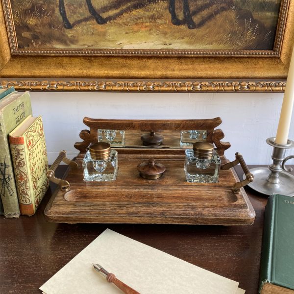 Inkwells Early American Wood and Brass Inkwell Desk Stand with Cut Glass Inkwells and Ink Powder Canister