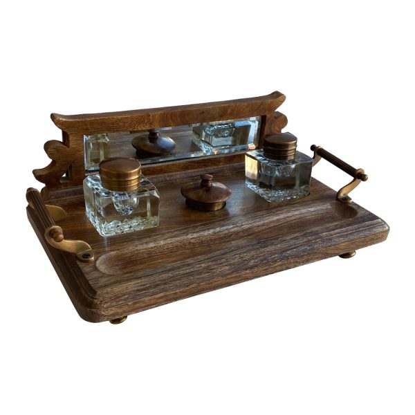 Inkwells Early American Wood and Brass Inkwell Desk Stand with Cut Glass Inkwells and Ink Powder Canister