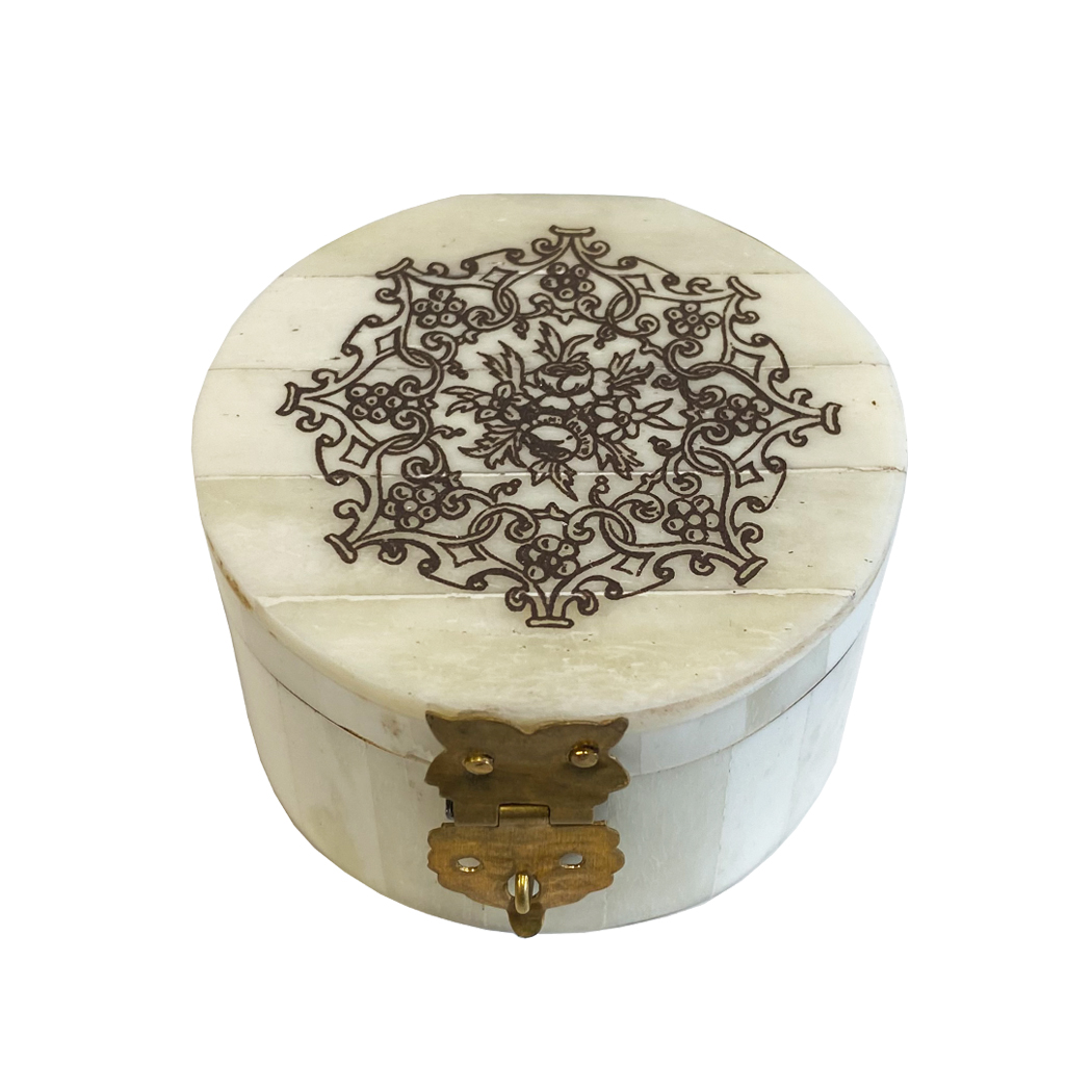 Decorative Boxes Valentines 2-1/4″ Floral Engraved Round Bone Ring Box