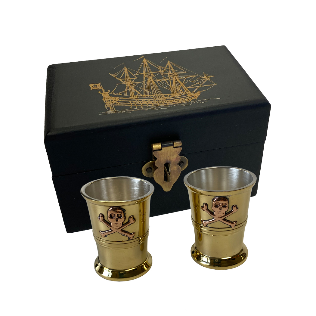 Drinkware & Plates Pirate Pirate Ship Engraved Wood Box with Pair of Shot Cups