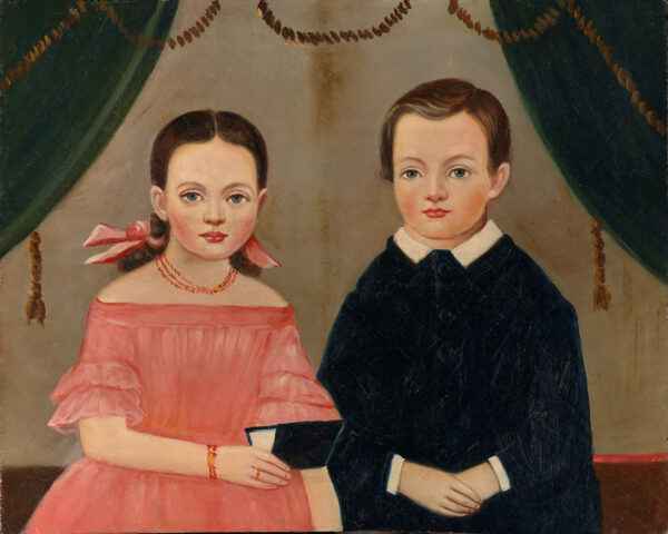 Painting Prints on Canvas Early American Girl in Pink with Brother – Framed Oil Painting Print on Canvas