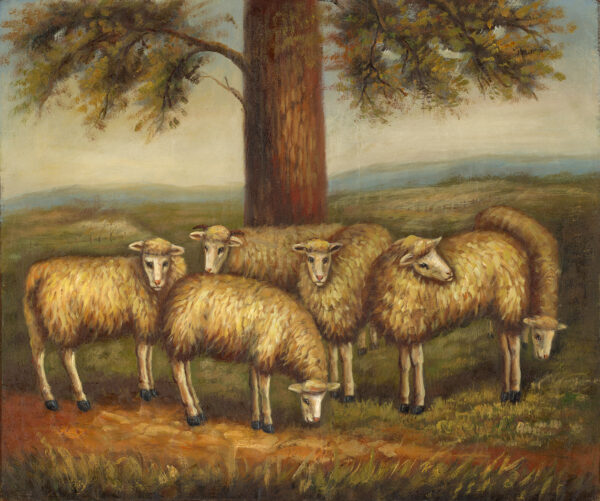 Farm/Pastoral Farm Flock of Six Sheep in a Meadow Framed Oil Painting Print on Canvas