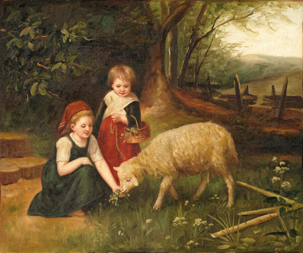 Farm/Pastoral Animals My Pet Lamb Framed Cottagecore Oil Painting Print on Canvas