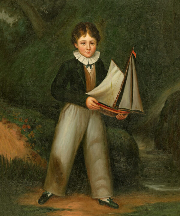 Nautical Children Young Boy Holding Pond Boat, Framed Oil Painting Print on Canvas