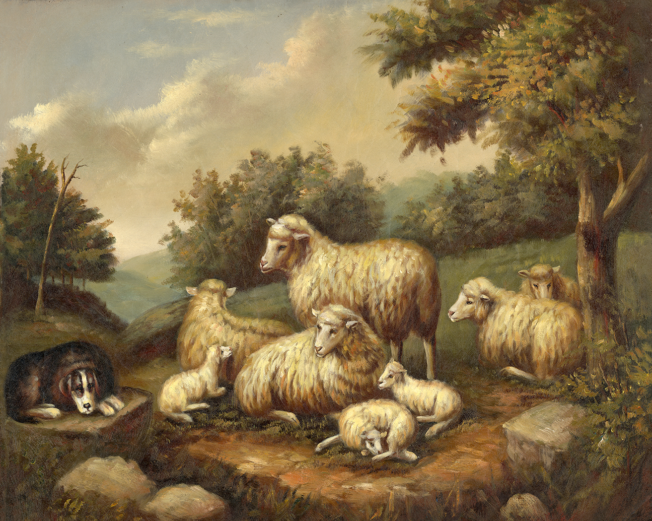 Farm/Pastoral Early American Sheep in a Landscape Framed Oil Painti ...