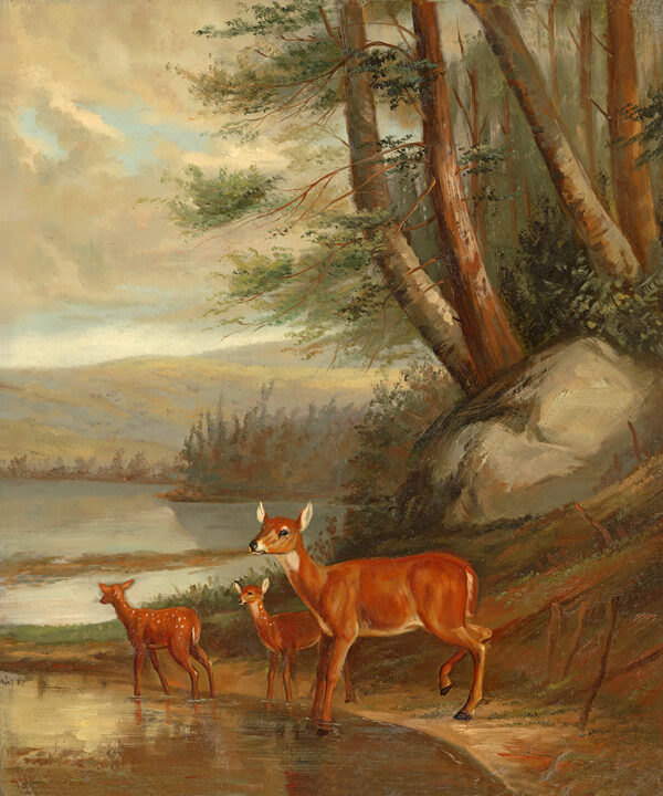 Cabin/Lodge Landscape Doe with Two Fawns Framed Oil Painting Print on Canvas