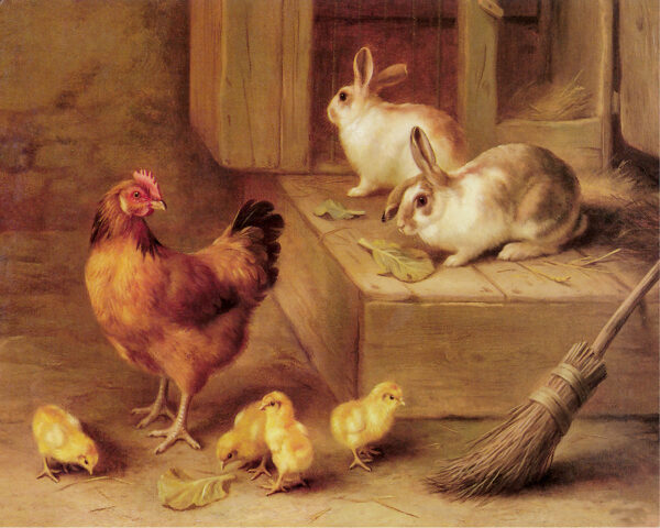 Farm/Pastoral Early American Rabbits and Chickens Framed Oil Painting Print on Canvas