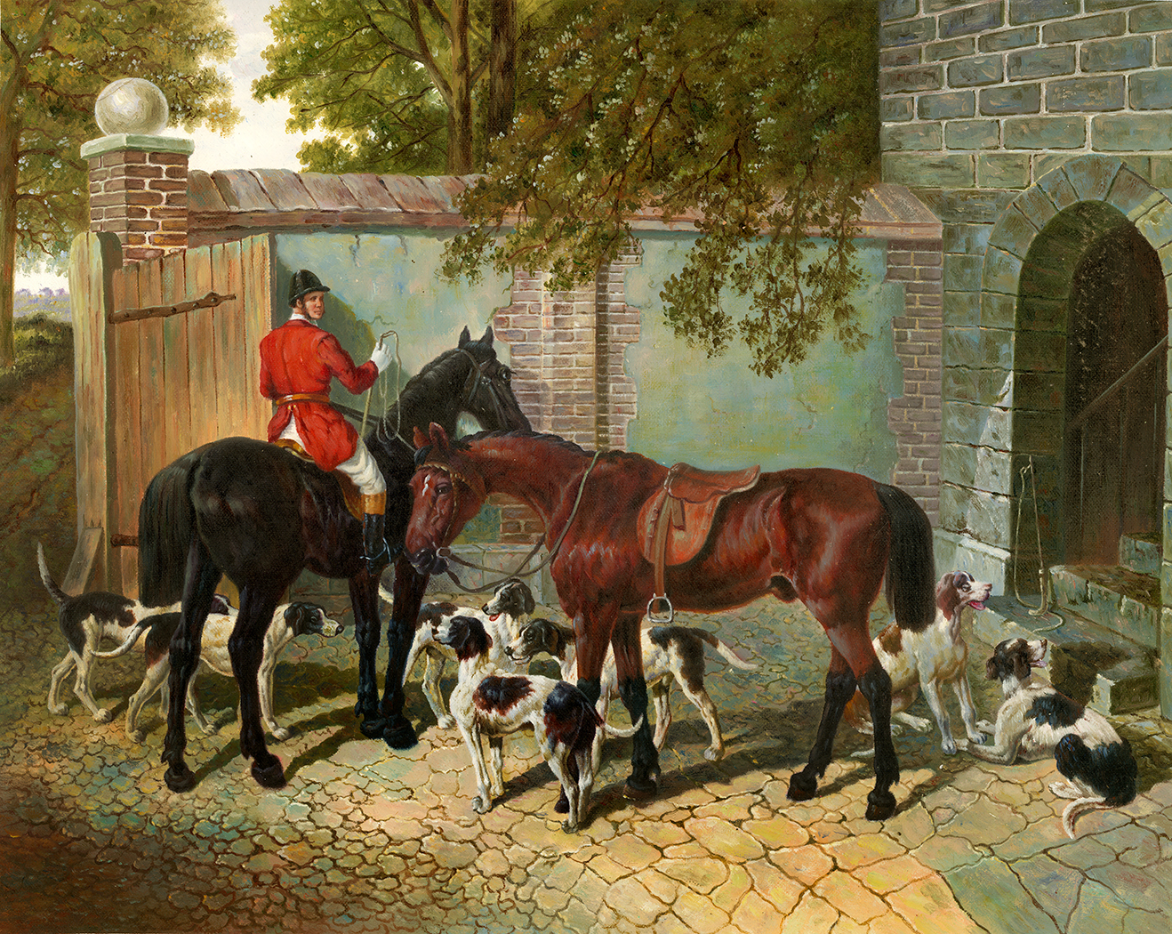 Equestrian/Fox Early American Preparing for the Hunt Framed Oil Pain ...