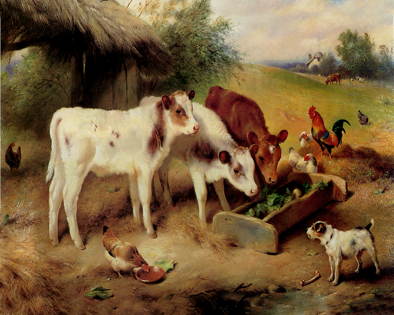 Farm/Pastoral Farm Cows and Chickens Framed Oil Painting  ...