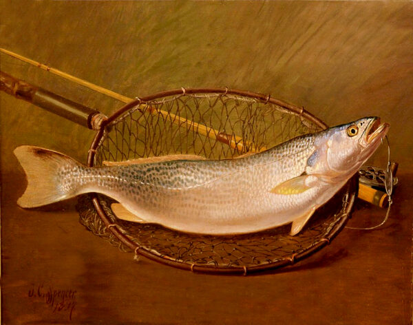 Cabin/Lodge Lodge Fish and Landing Net Framed Oil Painting Print on Canvas
