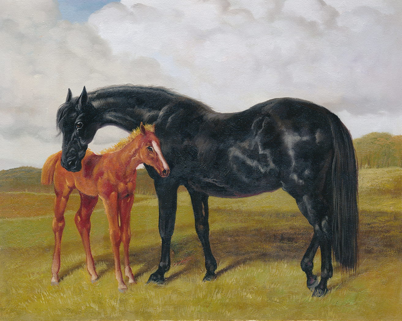 Equestrian/Fox Early American Mare and Foal in Landscape Framed Oil  ...