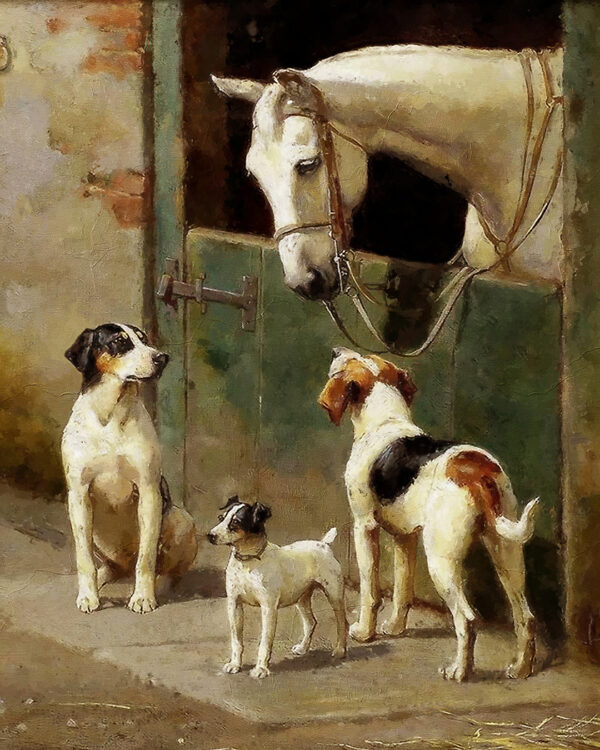 Dogs/Cats Dogs Dog and Horse at Stable Framed Oil Painting Print on Canvas