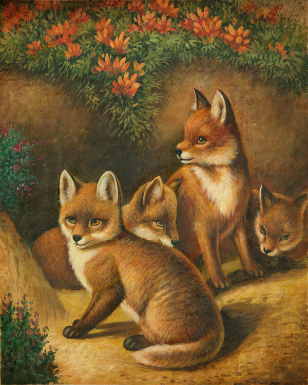 Equestrian/Fox Animals Four Young Foxes Framed Oil Painting Print on Canvas