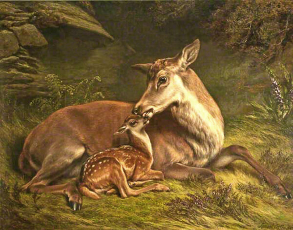 Cabin/Lodge Lodge Doe and Fawn Framed Oil Painting Print on Canvas