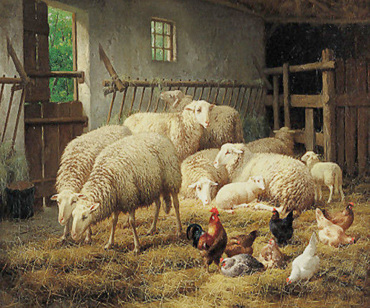 Farm/Pastoral Farm Sheep and Chickens Framed Oil Painting Print on Canvas