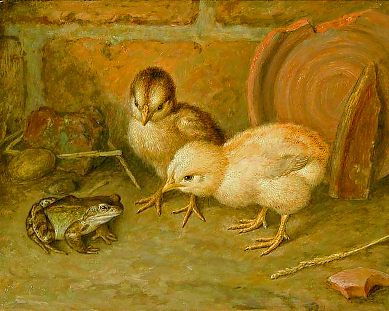Farm/Pastoral Farm Chicks and Frog Framed Oil Painting Pr ...