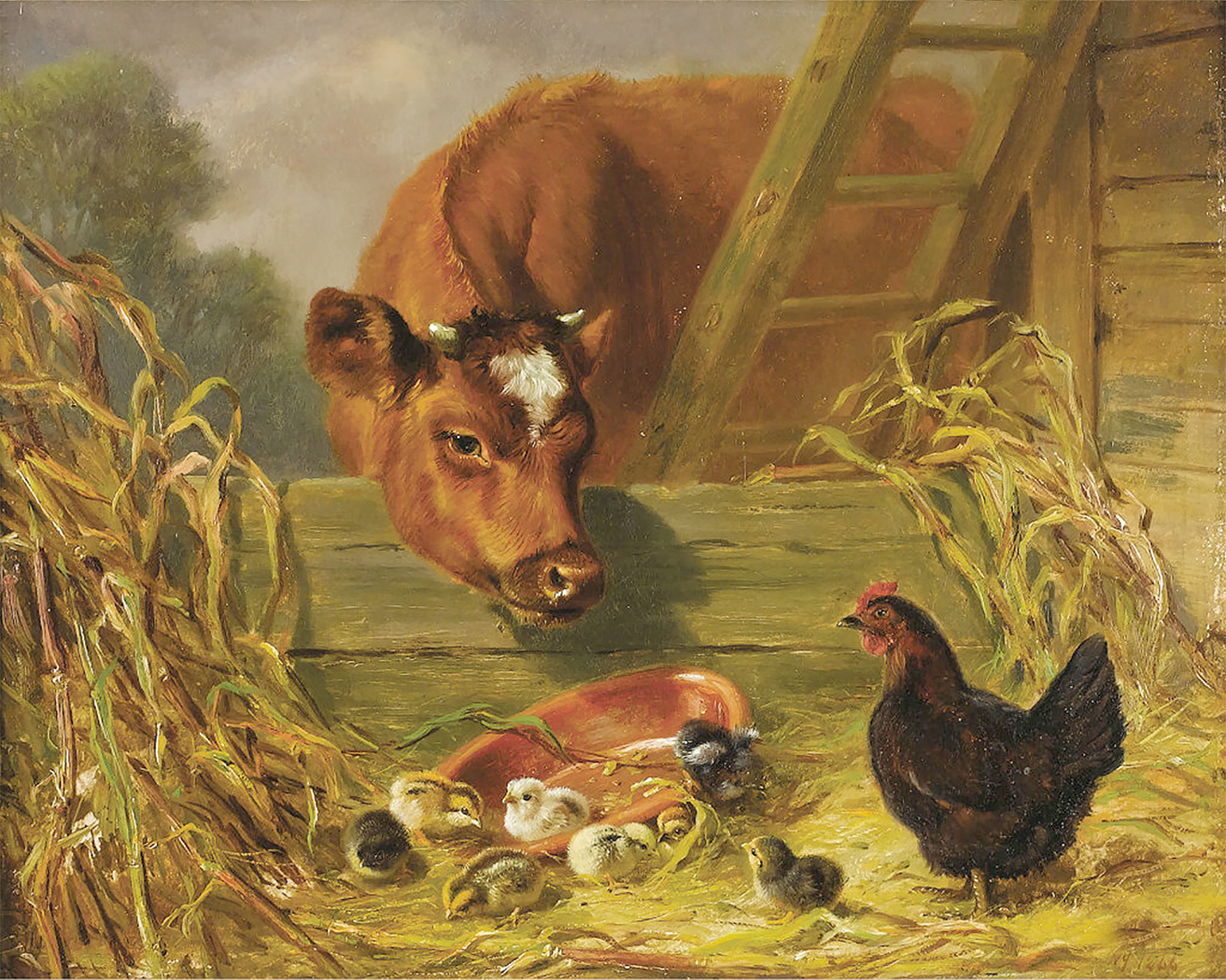 Farm/Pastoral Farm Cow with Chicks Framed Oil Painting Print on Canvas