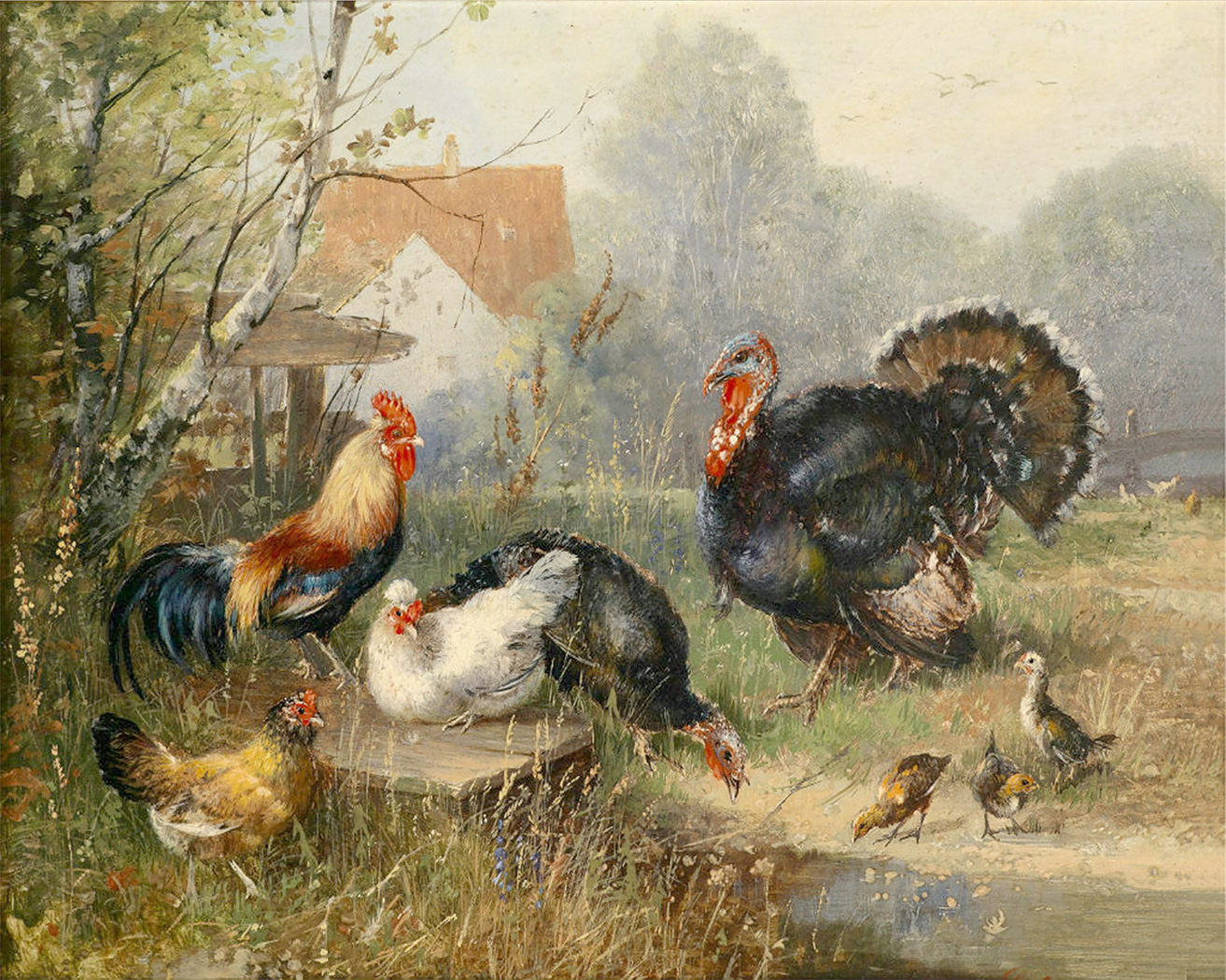 Farm/Pastoral Farm Turkey and Chickens Framed Oil Paintin ...