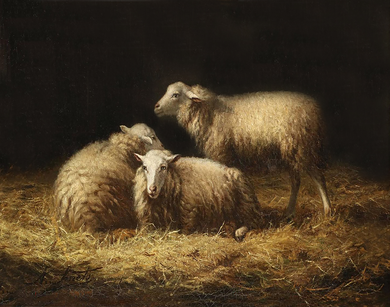 Farm/Pastoral Barnyard Sheep in the Hay Framed Oil Painting P ...
