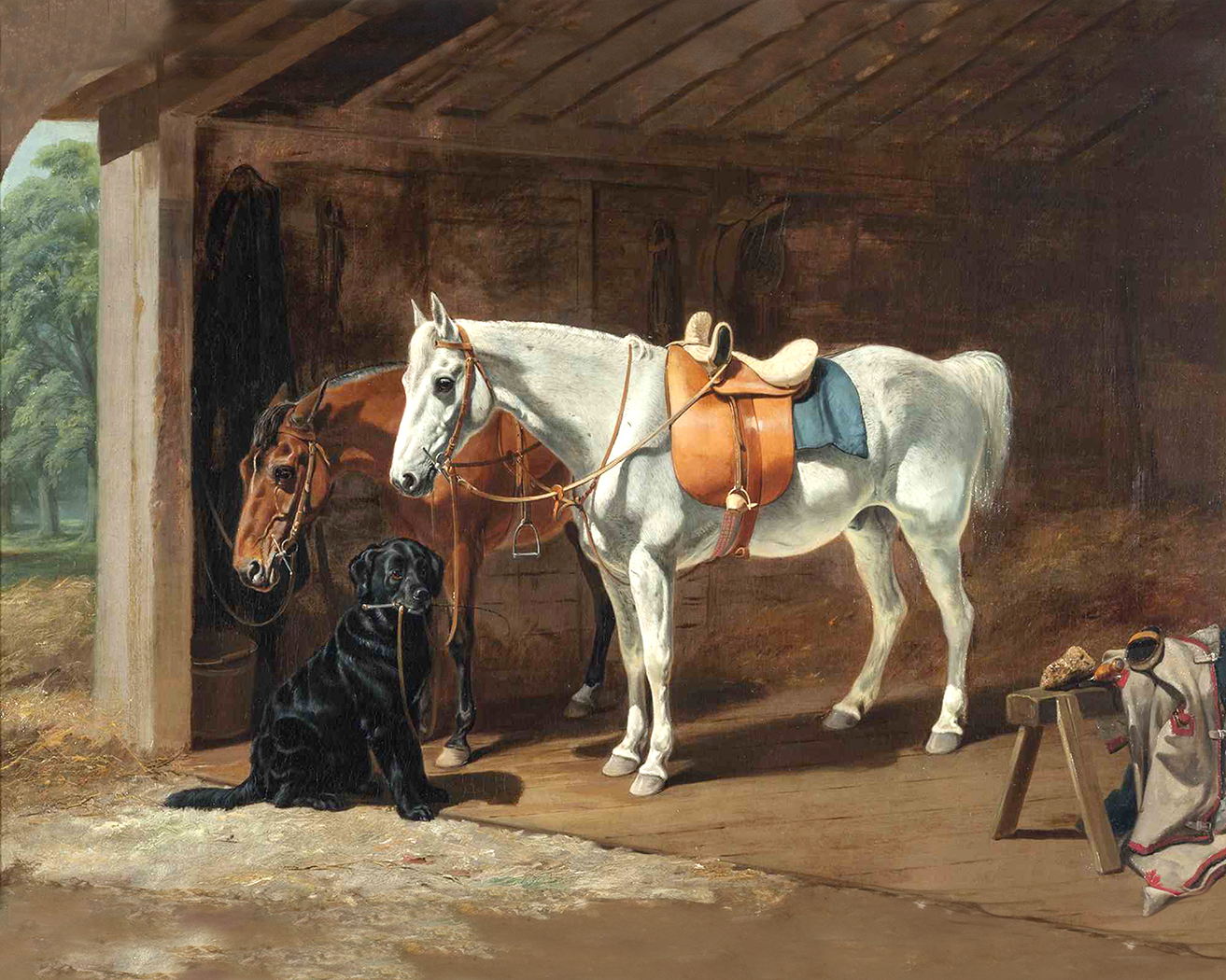Equestrian/Fox Equestrian Labrador and Horses Framed Oil Paintin ...
