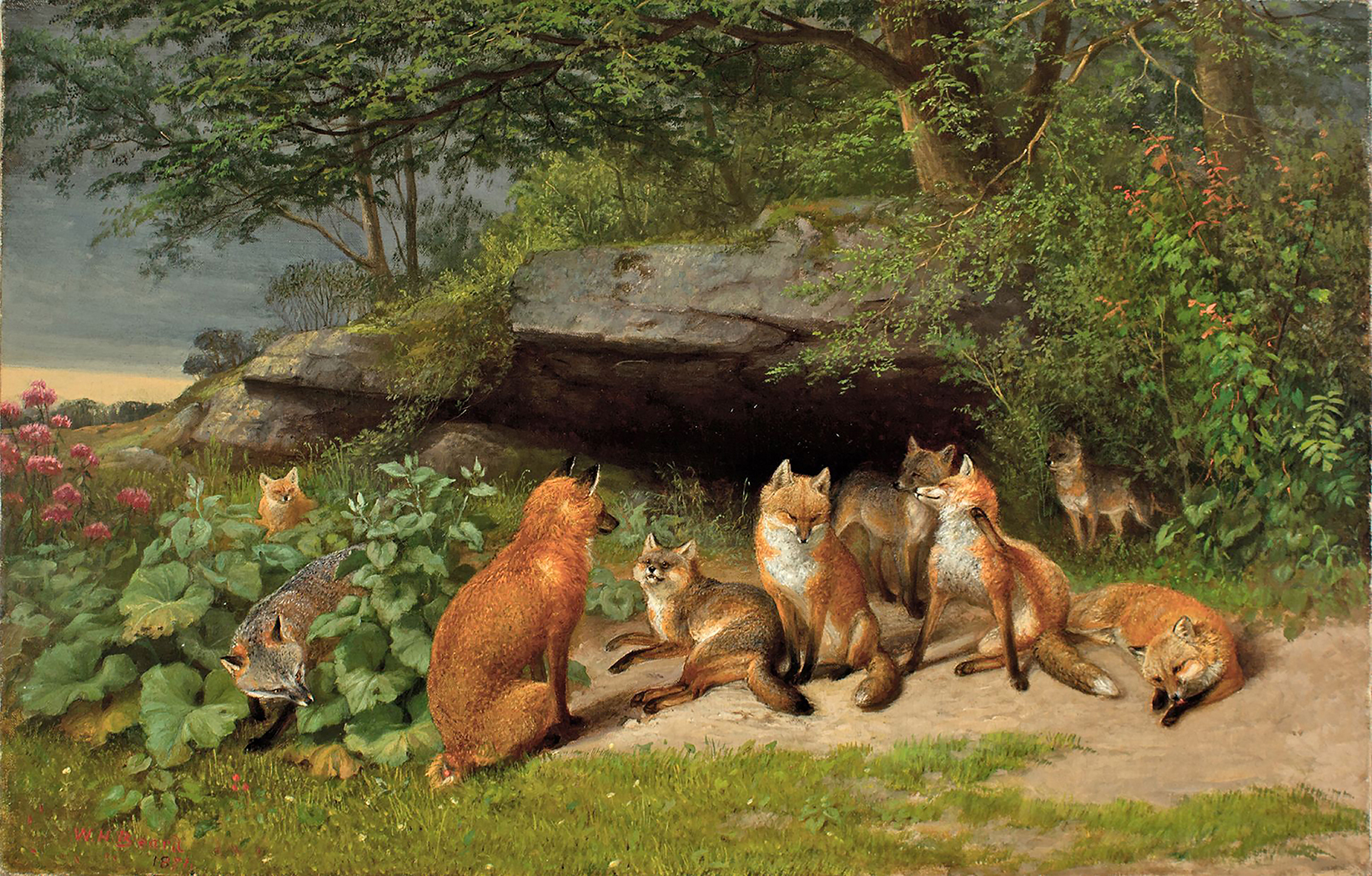 Cabin/Lodge Fox Skulk of Foxes Framed Oil Painting Pri ...