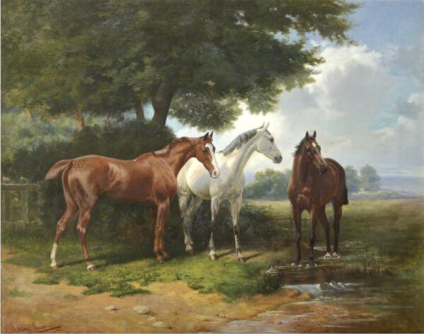 Equestrian/Fox Equestrian Three Horses Framed Oil Painting Print on Canvas